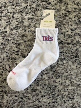 Offline by Aerie White 'TRÈS' Short Crew Socks with Red & Blue Embroidery